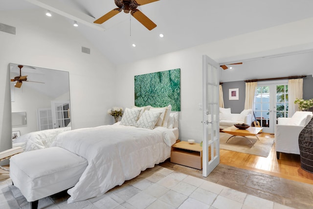 bedroom with french doors, ceiling fan, high vaulted ceiling, and beamed ceiling