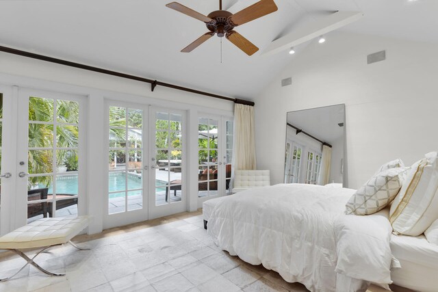 bedroom with access to outside, high vaulted ceiling, and french doors