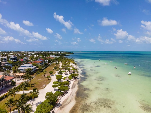 birds eye view of property featuring a water view and a beach view