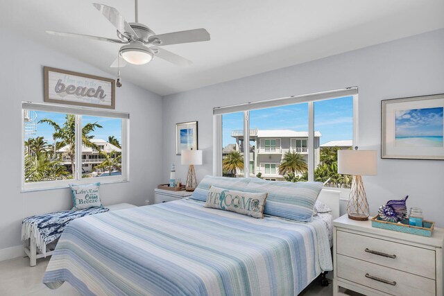 bedroom with vaulted ceiling and ceiling fan