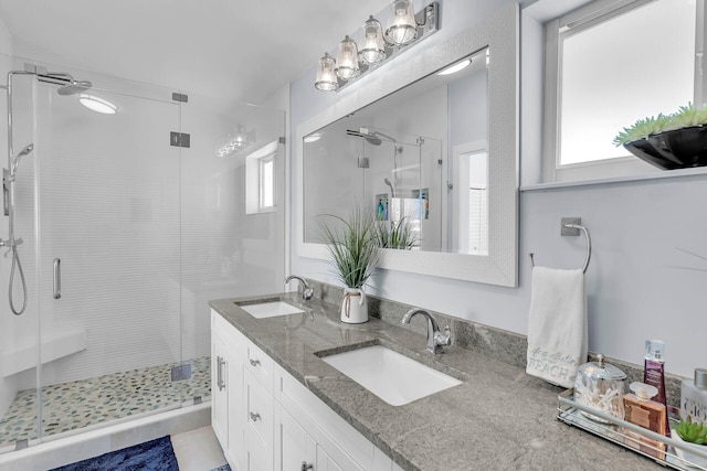 bathroom featuring vanity, a wealth of natural light, and a shower with door