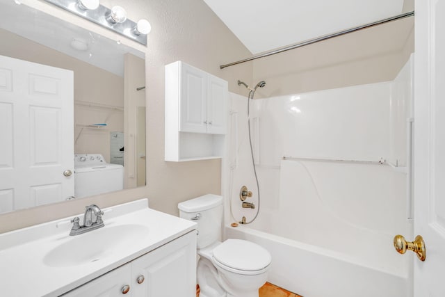 full bathroom featuring toilet, vanity, bathtub / shower combination, and washer / dryer