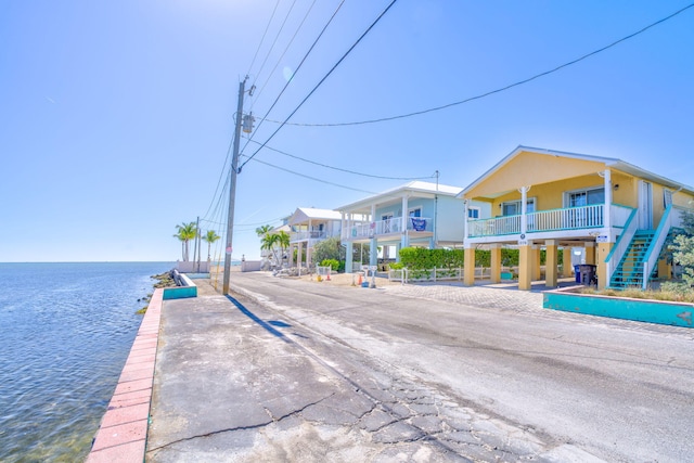 view of street with a water view