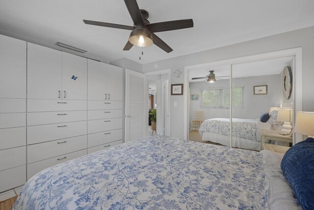 bedroom with ceiling fan and a closet