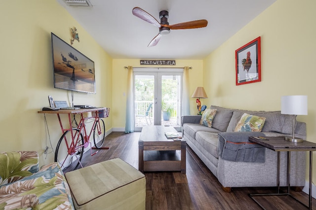 living area featuring visible vents, wood finished floors, french doors, baseboards, and ceiling fan