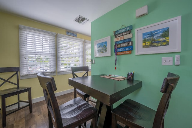 dining space with visible vents, baseboards, and wood finished floors