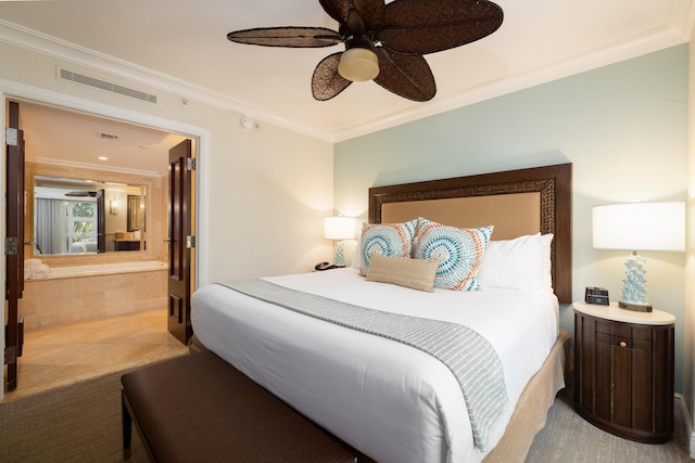 tiled bedroom with ceiling fan, ornamental molding, and ensuite bathroom