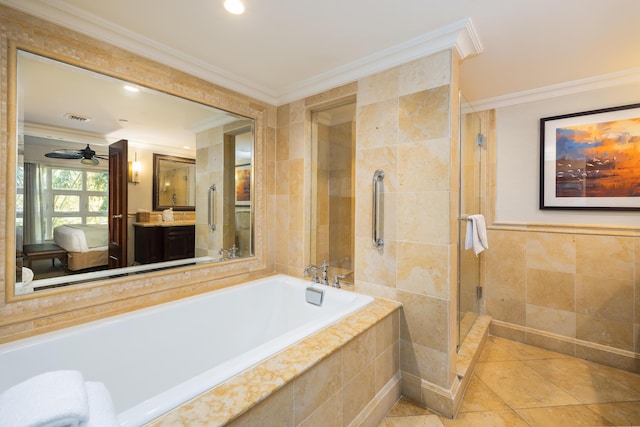 bathroom featuring crown molding, ceiling fan, independent shower and bath, and tile walls