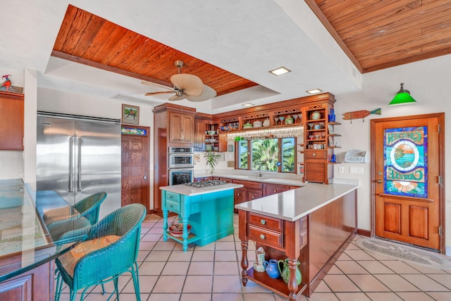 4500 Filer Cove Rd, Big Torch, FL 33042 - kitchen with open shelves, wooden ceiling, light tile patterned flooring, a sink, and appliances with stainless steel finishes