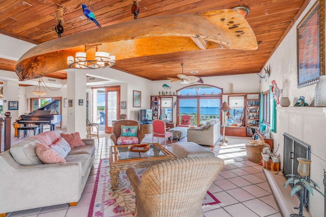 4500 Filer Cove Rd, Big Torch, FL 33042 - living area featuring wood ceiling, light tile patterned flooring, ceiling fan, and a chandelier