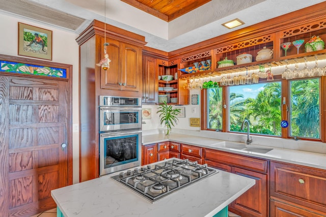 4500 Filer Cove Rd, Big Torch, FL 33042 - kitchen with stainless steel appliances, open shelves, a sink, healthy amount of natural light, and wooden ceiling