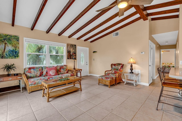 tiled living room with beam ceiling, high vaulted ceiling, and ceiling fan