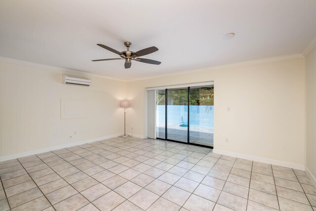 empty room with crown molding, ceiling fan, and a wall unit AC