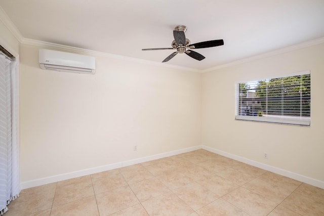 tiled empty room featuring ceiling fan, ornamental molding, and an AC wall unit