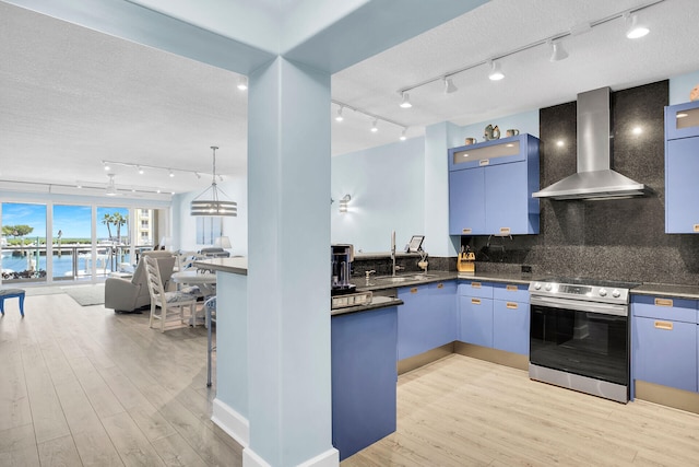 97501 Overseas Hwy Unit 113, Key Largo, FL 33037 - kitchen featuring stainless steel range with electric stovetop, wall chimney exhaust hood, track lighting, a sink, and light wood-style flooring