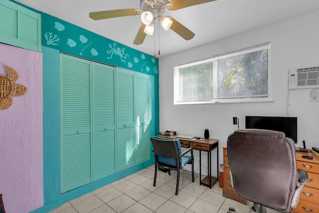 office with light tile patterned floors, a ceiling fan, and a wall mounted air conditioner