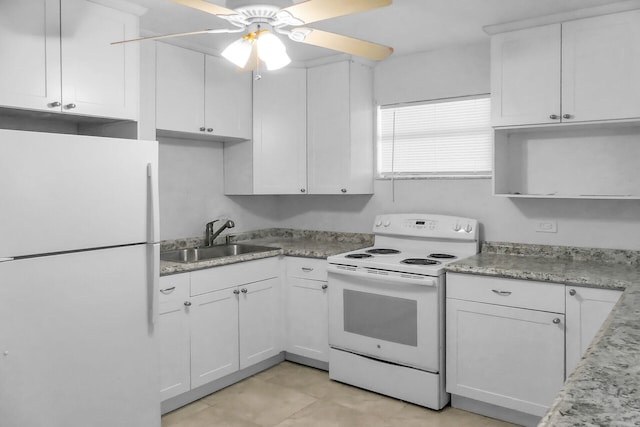 kitchen featuring white appliances, a sink, a ceiling fan, white cabinets, and open shelves