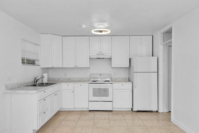 kitchen with light countertops, white appliances, a sink, and under cabinet range hood