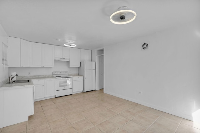 kitchen featuring light countertops, white cabinetry, a sink, white appliances, and under cabinet range hood