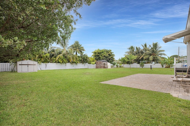 view of yard featuring a patio area and a shed