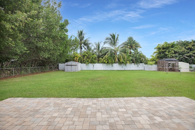 view of yard featuring a storage unit