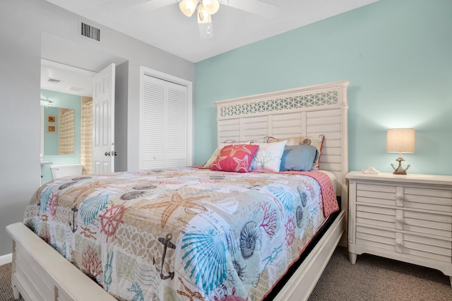 bedroom with ceiling fan, a closet, and carpet