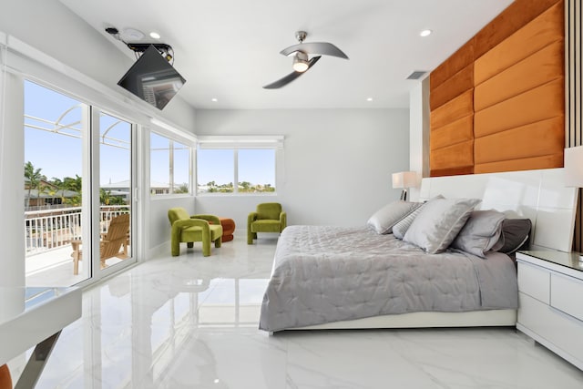 bedroom featuring access to outside and ceiling fan