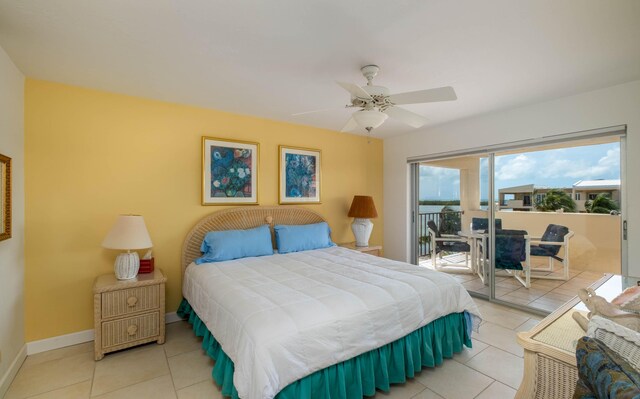 tiled bedroom featuring access to outside and ceiling fan