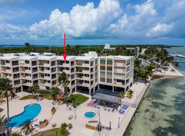 bird's eye view with a water view