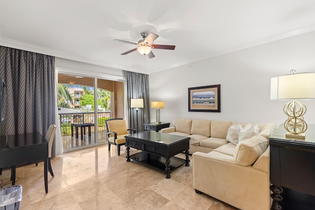 3841 N Roosevelt Blvd Unit 315, Key West, FL 33040 - living room featuring a ceiling fan and ornamental molding