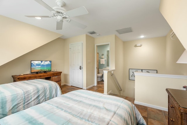 bedroom with ceiling fan and ensuite bath