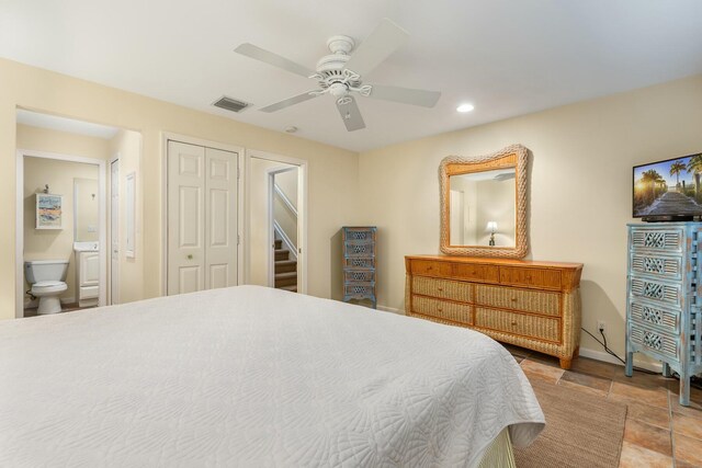 bedroom with ceiling fan, connected bathroom, and a closet