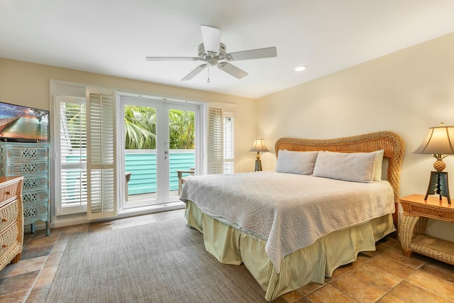 bedroom featuring french doors, ceiling fan, and access to exterior