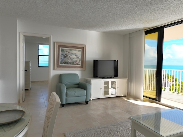 unfurnished living room with expansive windows, plenty of natural light, and a textured ceiling