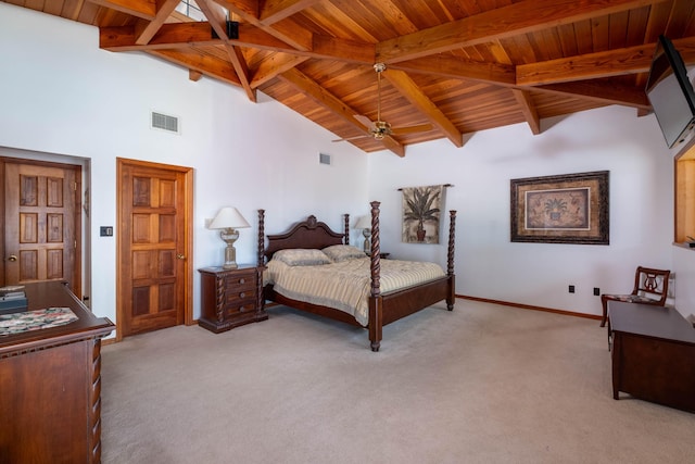 bedroom featuring beam ceiling, light colored carpet, visible vents, wood ceiling, and baseboards