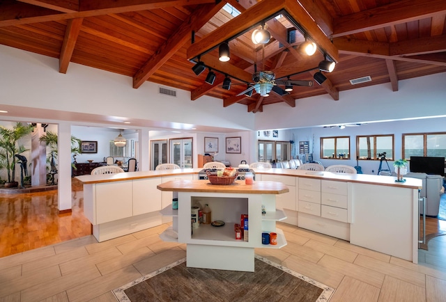kitchen featuring lofted ceiling with beams, wood ceiling, a kitchen island, and visible vents