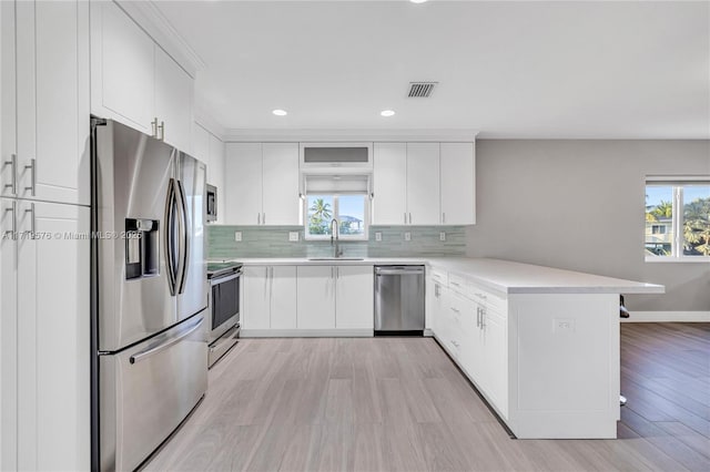 kitchen featuring stainless steel appliances, kitchen peninsula, sink, and white cabinets