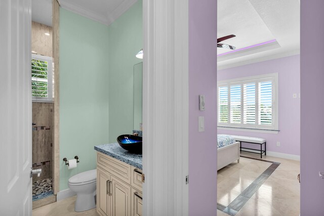 bathroom featuring ceiling fan, vanity, ornamental molding, a raised ceiling, and toilet