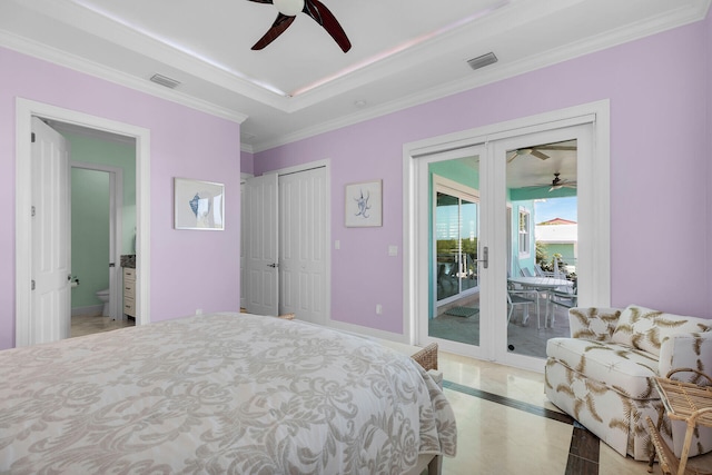 bedroom featuring access to outside, ornamental molding, and a raised ceiling