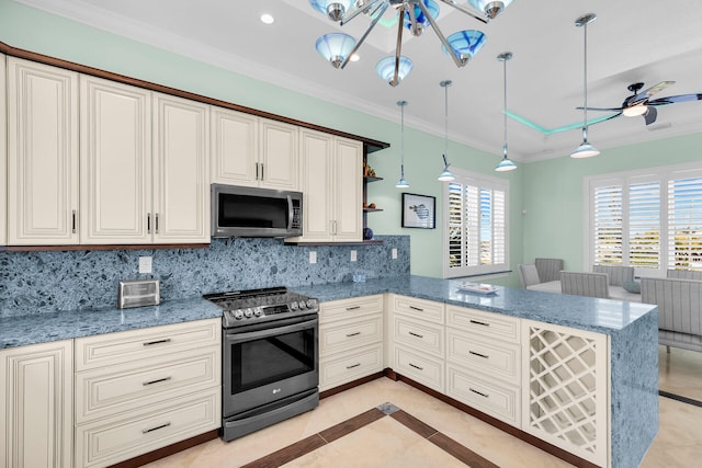 kitchen featuring ornamental molding, appliances with stainless steel finishes, decorative light fixtures, and kitchen peninsula