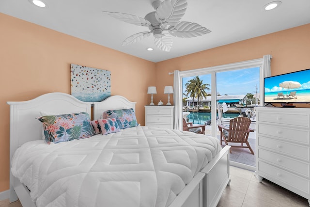 150 10th St, Key Colony, FL 33051 - bedroom featuring access to outside, recessed lighting, a ceiling fan, and light tile patterned floors