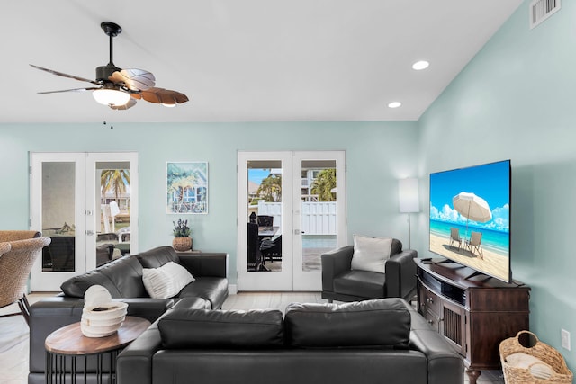 150 10th St, Key Colony, FL 33051 - living room featuring french doors, wood finished floors, a ceiling fan, and recessed lighting