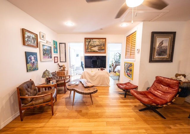 1124 Catherine St Unit 202, Key West, FL 33040 - living room with attic access, light wood-style floors, a ceiling fan, and recessed lighting