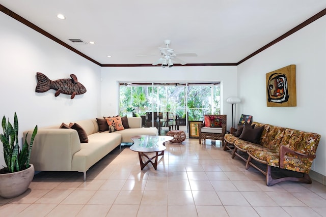 1110 Johnson St, Key West, FL 33040 - living room featuring ornamental molding, a ceiling fan, light tile patterned floors, and recessed lighting