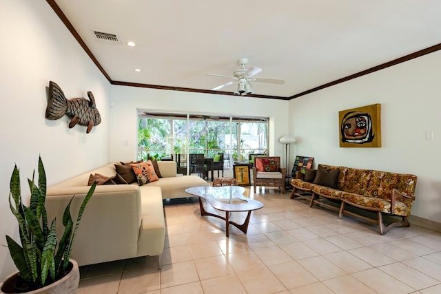 1110 Johnson St, Key West, FL 33040 - living room with crown molding, ceiling fan, light tile patterned floors, and recessed lighting