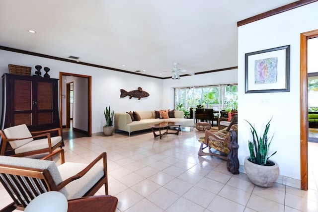 1110 Johnson St, Key West, FL 33040 - living area with ceiling fan, light tile patterned floors, ornamental molding, baseboards, and recessed lighting