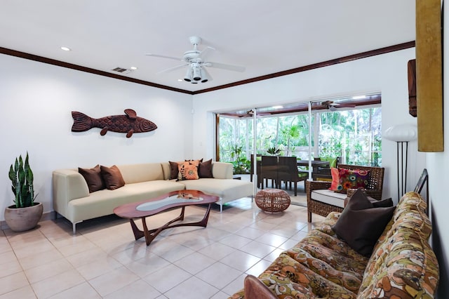 1110 Johnson St, Key West, FL 33040 - living room with healthy amount of natural light, light tile patterned flooring, crown molding, ceiling fan, and recessed lighting