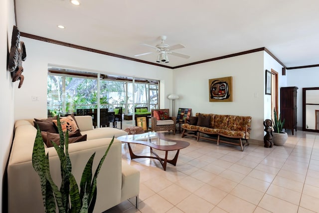 1110 Johnson St, Key West, FL 33040 - living room featuring ornamental molding, ceiling fan, recessed lighting, and light tile patterned flooring