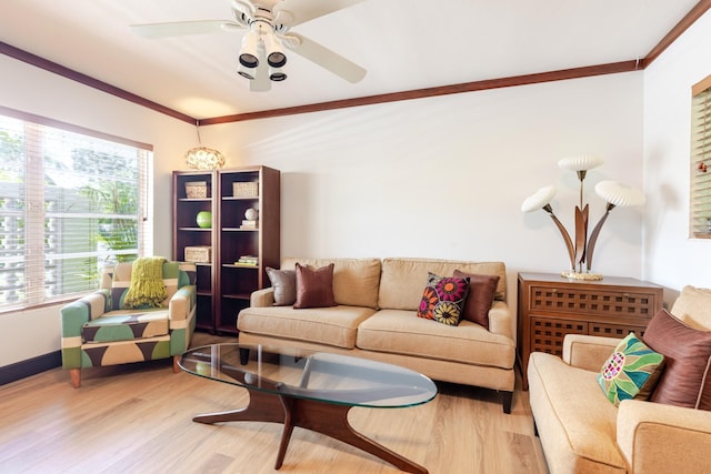 1110 Johnson St, Key West, FL 33040 - living area featuring ornamental molding, wood finished floors, ceiling fan, and baseboards