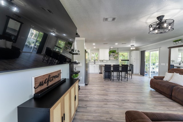 45 1st St, Big Coppitt, FL 33040 - living room with crown molding, a textured ceiling, light wood-style flooring, recessed lighting, and visible vents